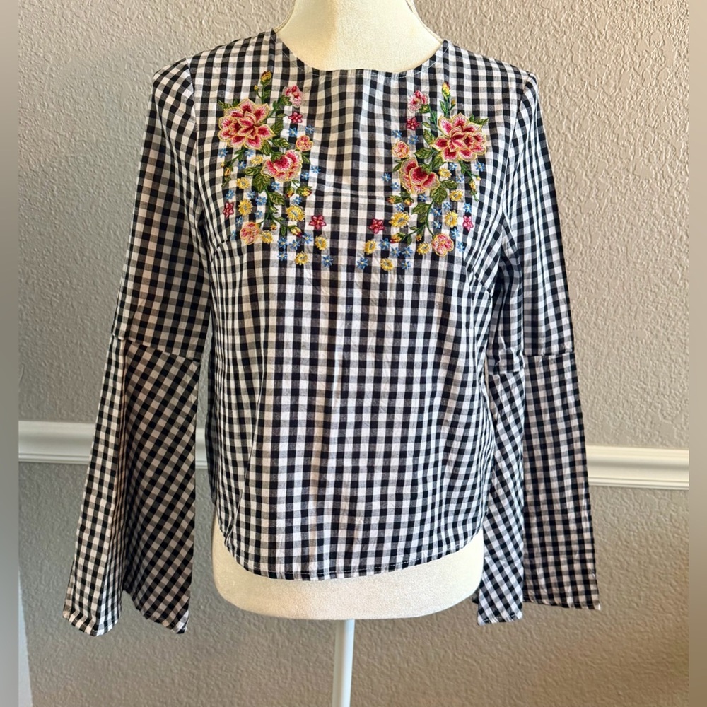 Iris Black White Gingham Embroidered Floral Bell Sleeve Top S Cottagecore Boho